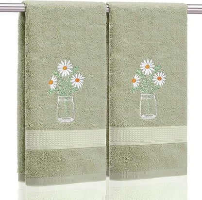 2 Pcs Daisy Flower Hand Towels Gray Green Bathroom Decor 14x29 Inch Embroidered