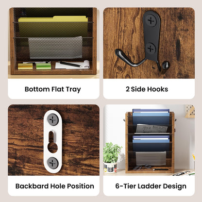 Creso hom Mail Organizer Wall Mounted, 6-Tier Wall File Organizer with 2 Hooks, Wooden Desk Organizer Magazine Holder with Bottom Flat Tray, for Office Home, Rustic Brown