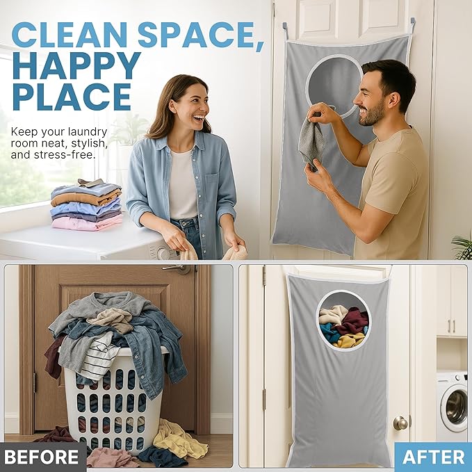 Hanging Laundry Hamper Bag XL 40x22", Space Saving over the Door Storage Bags