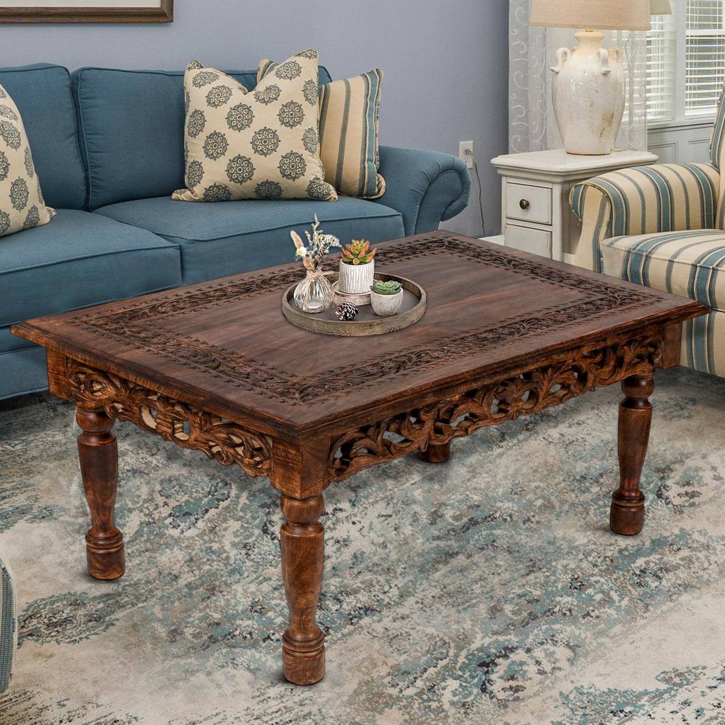 Rectangular Wooden Coffee Table Cutwork Jali Carving, Farmhouse Coffee Table, Rustic Center Table, Mid Century, Rustic and Modern Style Living Room Furniture - 36x24x18 Inch Burnt