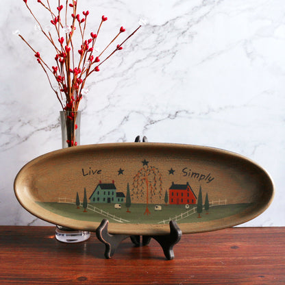 CVHOMEDECO. Primitive Rustic House Willow Tree Sheep Wood Decorative Plate Oval Crackled Display Wooden Plate Home Décor Art, 15-1/2 X 5-3/4 Inch