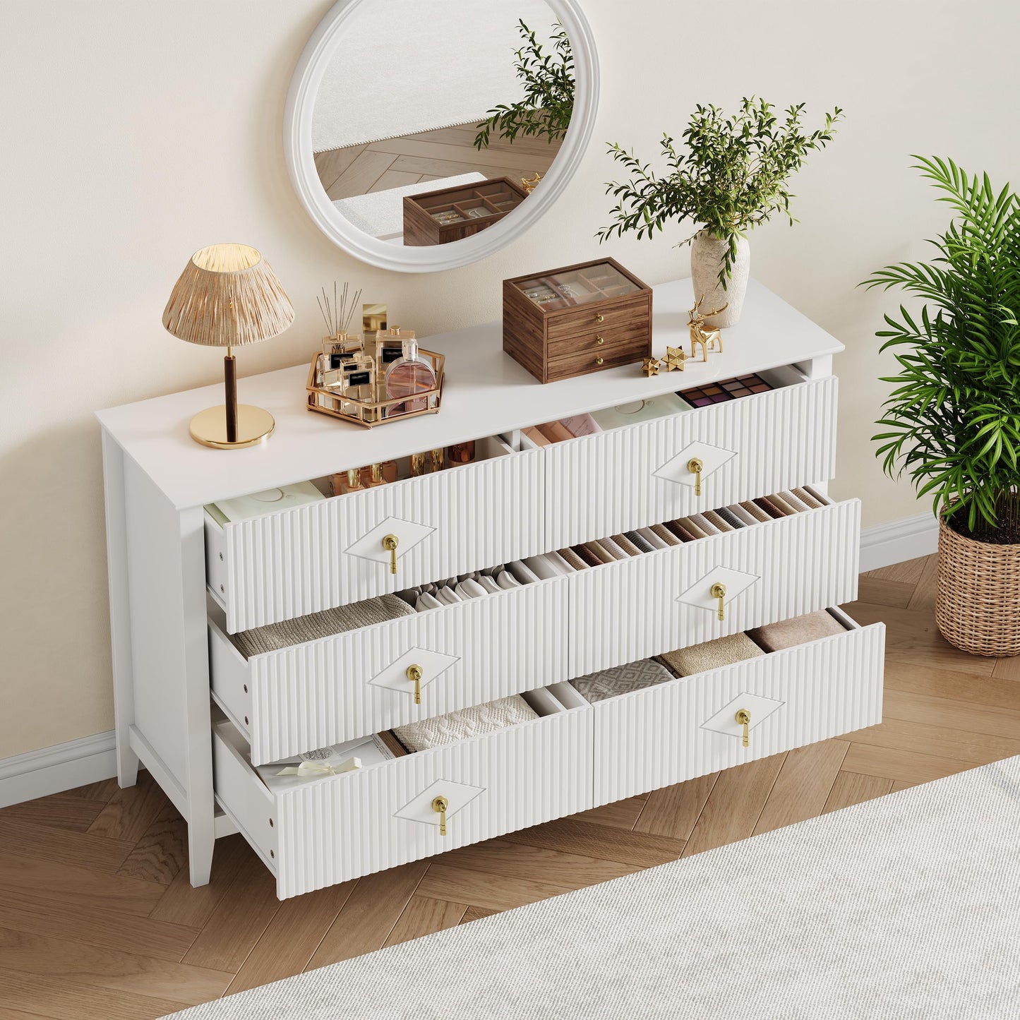 GarveeHome Fluted Dresser for Bedroom, 54 Inch Wide 6-Drawer Wood Dresser, Modern Chest of Drawers, Storage Organizer Cabinet for Living Room, Hallway, Entryway, White