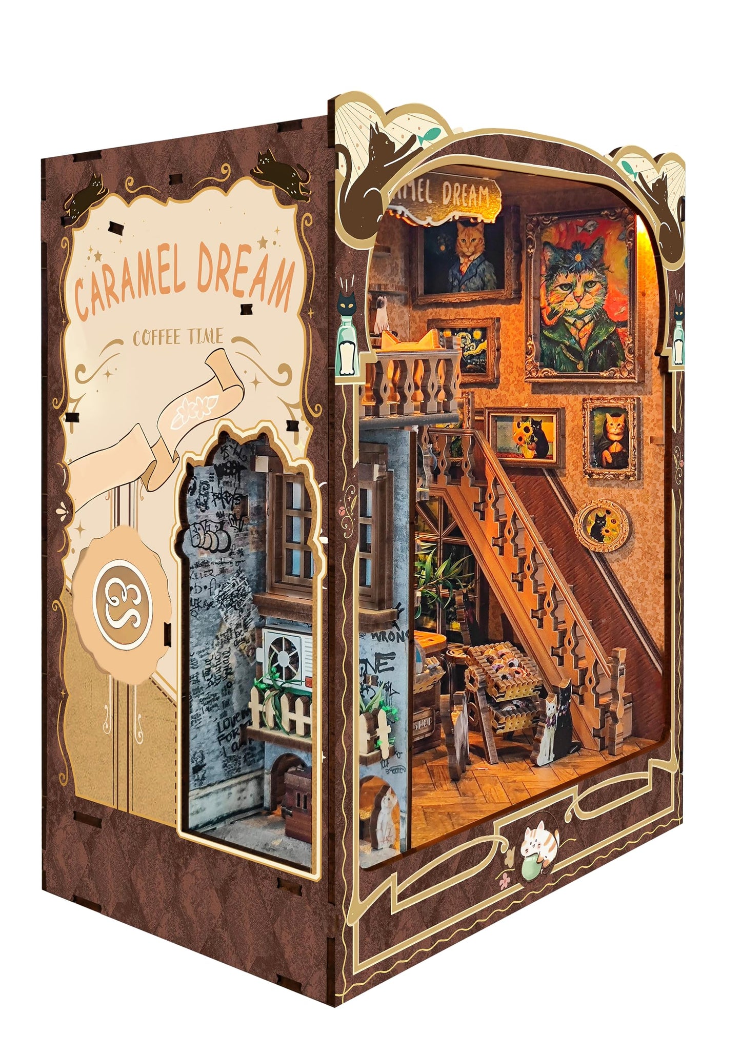 IBOHEYE Book nooks DIY Dollhouse Kit for Adults 3D Stereo Assembly Night Light Sensing Wooden Bookend Jigsaw Building Model Gifts for Family,Friends (Caramel Dreams)