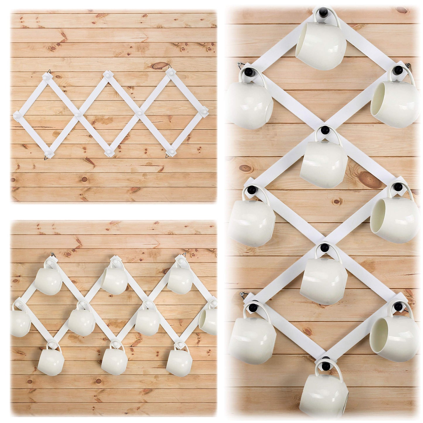 Dseap Accordian Wall Hanger: 16” High Wooden Wall Expandable Coat Rack, Hat Rack Holder, Accordion Hook for Baseball Caps, Coats, Mugs, 10 Peg Hooks, White