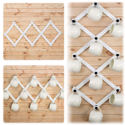 Dseap Accordian Wall Hanger: 16” High Wooden Wall Expandable Coat Rack, Hat Rack Holder, Accordion Hook for Baseball Caps, Coats, Mugs, 10 Peg Hooks, White