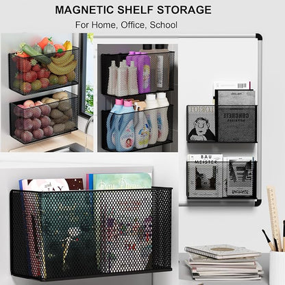 Magnetic Baskets Shelf Bins Organizer Holder Storage Rack Containers for Fridge, Whiteboard, Locker - Home Kitchen Laundry Office School ((1-Pack) Black/XL)