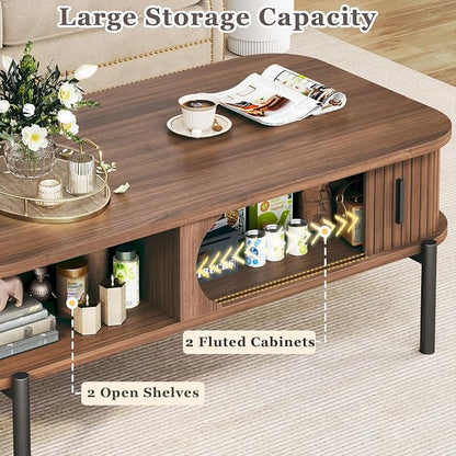 Coffee Table, 39.4" Fluted Coffee Table for Living Room, Mid Century Modern Table with Sliding Cabinet Door 2-Tier Rustic Wood Desktop with Storage Open Shelf, Walnut