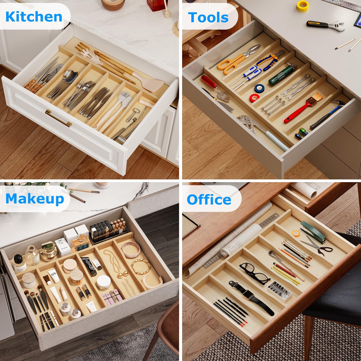WelFurGeer Solid Birch Wood Silverware Drawer Organizer, Wooden Cutlery Drawer Organizer, Utensil Tray for Kitchen Drawers, Kitchen Utensil Organizer for Silverware, Flatware, Spoons, Forks, Knives
