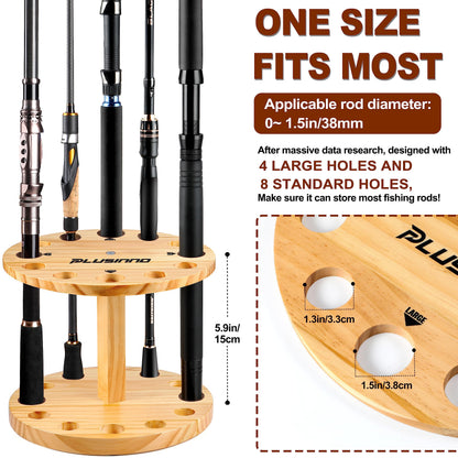 PLUSINNO 2PACK V12 Fishing Rod Holders for Garage, Vertical Fishing Pole Holders Wooden Round Floor Stand, Fishing Rod Rack Holds up to 24 Rods or Fishing Nets Storage Organizer Racks