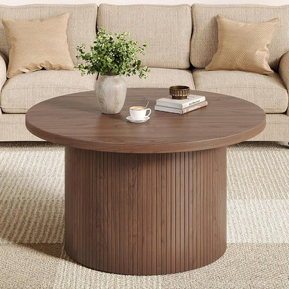 31.5" Round Coffee Table, Mid Century Modern Fluted Tambour Coffee Table, Engineered Wood Small Circle Center Table, Drum Accent Modern Living Room Table, Walnut