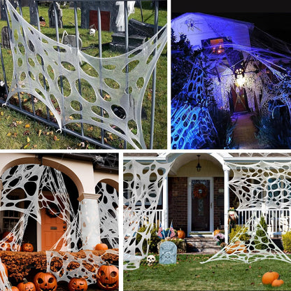 wymulot 1200 Sqft （After Streched with Holes） Uncut Giant Spider Web Halloween Decorations Outdoor with 10 Ground Nails Stretchy Beef Cloth Netting Cut-Your-Own Flexible Elastic for Yard Party Decor