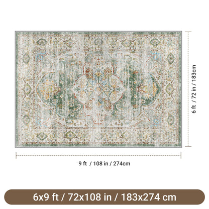 befbee 6x9 Area Rugs for Living Room - Stain Resistant Non-Slip Backing Machine Washable Rugs for Bedroom - Boho Persian Large Area Rug (Green, 6'x9')