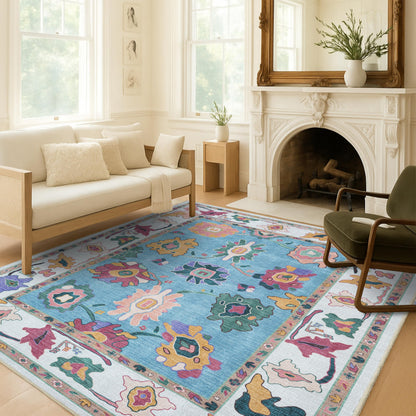 Fame Living Colorful Oushak Runner Rug, Modern Runners, Turkish, Eclectic, Floral, Pastel, Washable, Small Throw Rugs, Short Runner for Entryway, Laundry, Foyer, Bedroom, Kitchen, Bathroom, 2'5"x6'5"
