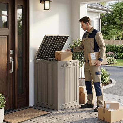 55 Gallon Package Delivery Boxes Outside Secure Waterproof Resin UV Resistant Lockable Mail Parcel Drop Mailbox Storage Deck Box for Outdoor Porch Patio Grey