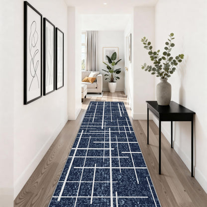 TTelephant Non Slip Hallway Runner Rug 2x10, Blue Modern Distressed Stripe, Washable Long Rug, Woven Thin Low Pile Carpet Runners for Hallway 10ft Entryway, Kitchen, Walkway- Blue