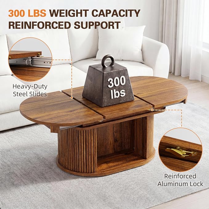 YESHOMY 45.2" Extendable Coffee Table with Storage, Fluted Oval Coffee Table with Sliding Door, Mid Century Modern Center Table for Living Room, Walnut