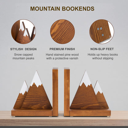 Waratah Designs Mountain Bookends - Wooden Non Slip Decorative Bookends for Heavy Books - Rustic Office Decor