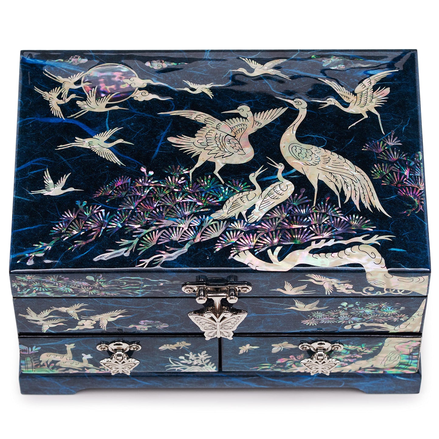MADDesign Mother of Pearl Lacquered Jewelry Box Two Level Cranes Blue