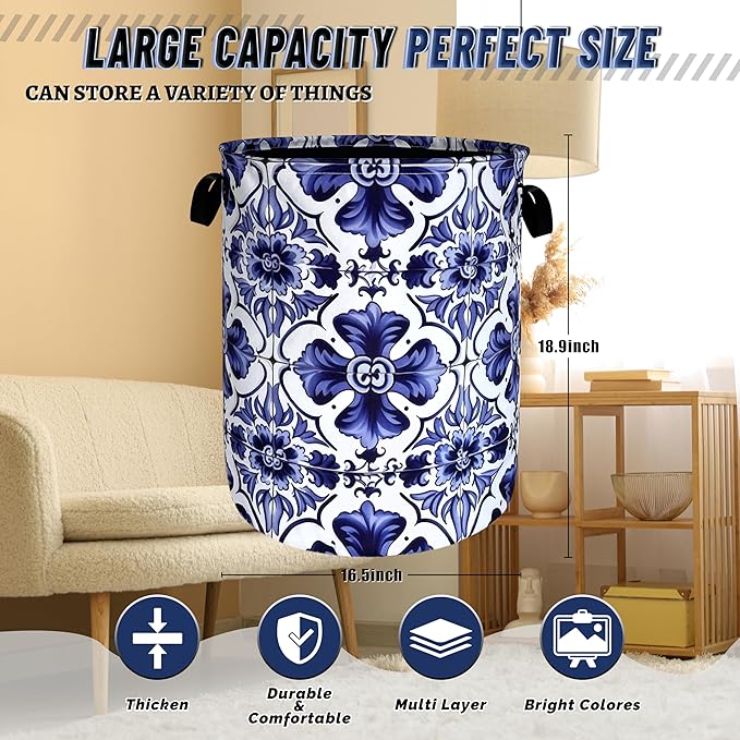 Blue and White Mexican Tile Laundry Basket Oxford Cloth Foldable Boho Laundry