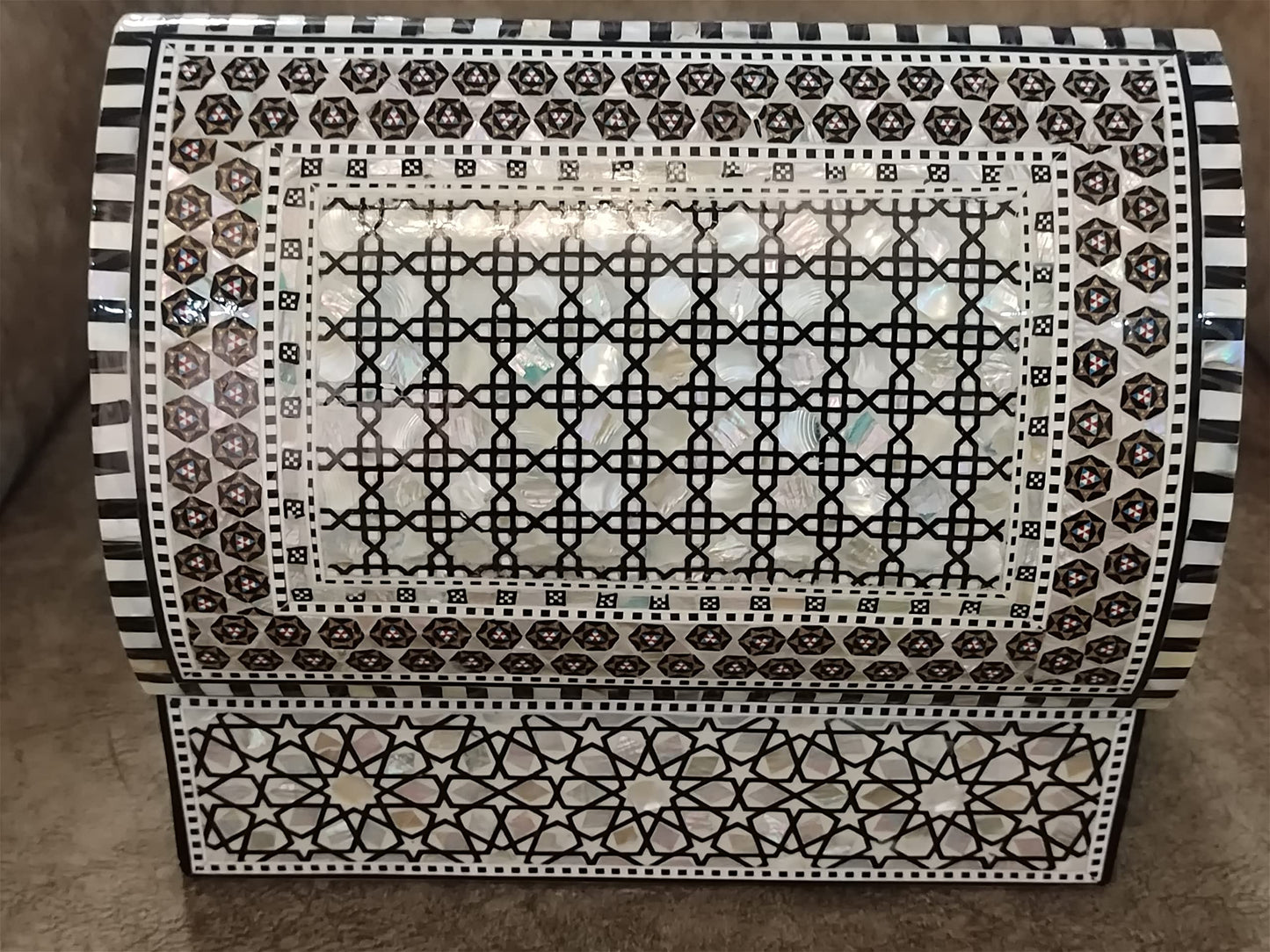 FAMA.store Handmade Egyptian Jewelry Box – Mother of Pearl Inlay – Decorative Wooden Trinket Box for Women Oriental Keepsake Storage Organizer (11" x 7.2" x 5.2" inch M07)