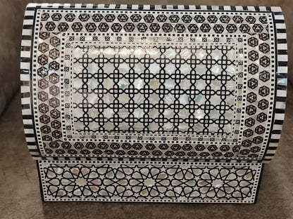FAMA.store Handmade Egyptian Jewelry Box – Mother of Pearl Inlay – Decorative Wooden Trinket Box for Women Oriental Keepsake Storage Organizer (11" x 7.2" x 5.2" inch M07)