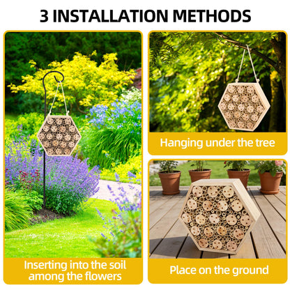 Dmnnlp Mason Bee House, Natural Wooden Hexagon Bee House with Metal Stake & Cleaning Brush, Hanging Bees Box Habitat to Attract Pollinators, Garden Decoration, Gift for Bee Lovers