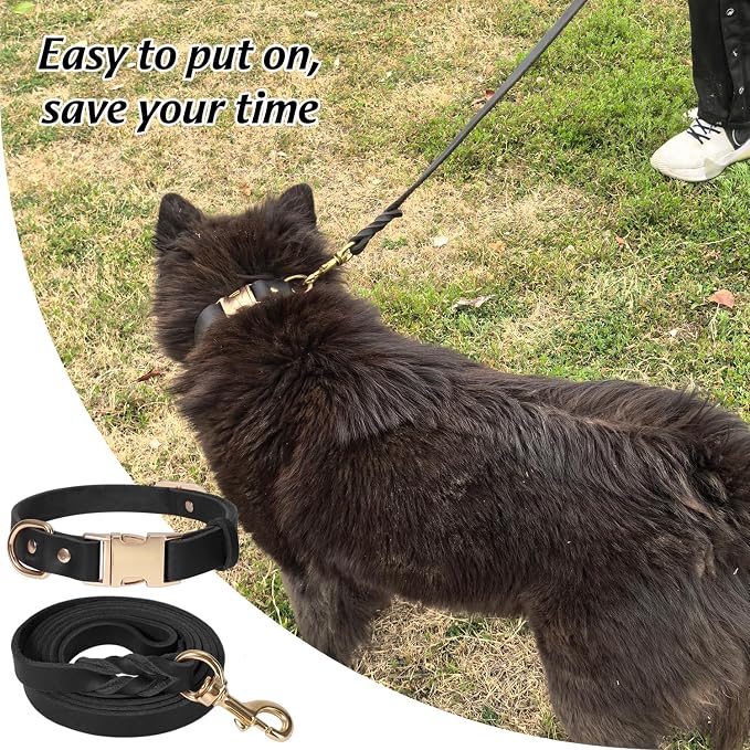 LWBMG 6FT Leather Dog Collar and Leash Set, Heavy Duty Dog Leash and Collar with Metal Buckle,Adjustable Pet Collar and Lead, Soft Pet Leash and Collar Set for Large Dogs Black