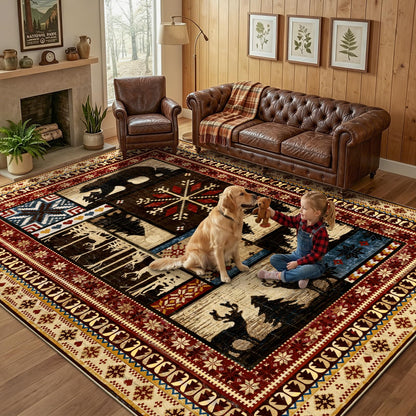 LOKHOM Rustic Cabin Area Rug 8x10, Machine Washable Bear Print Rug, Non-Slip Low Pile Soft Large Southwestern Lodge Rug for Bedroom Living Room Dining Room