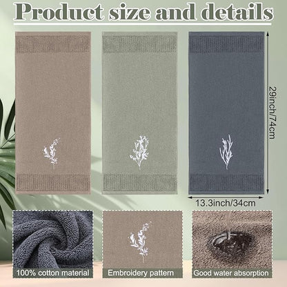 3 Pcs Boho Botanical Hand Towels Bathroom Decor Retro Embroidered Minimalist