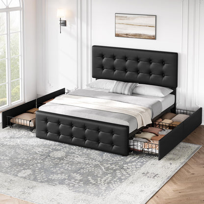 IDEALHOUSE Queen Size Bed Frame with 4 Storage Drawers and Headboard, Faux Leather Upholstered Platform Bed Frame with Wooden Slats Support, Button Tufted Design, No Box Spring Needed, Black