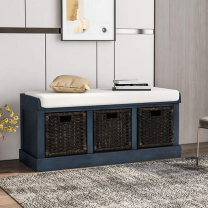 Ball & Cast 43.7" Wood Frame Entryway Storage Bench w/ 3 Movable Rattan Panel Drawers&Cushion, Rustic Shoe Rack Bedroom End of Bed Bench with Upholstered Seat, No Assembled Needed, Antique Navy