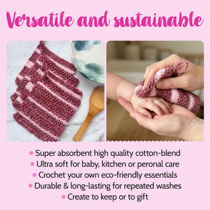 KnitPal Everyday Joy Crochet Kit for Confident Beginners – Make 4 Reusable 7.5 x 7.5 in Dishcloths – with Cotton to The Core Yarn (#3 DK), Hook, Patterns & Video Tutorials (Cherry Red + Blush Pink)