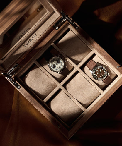 TAWBURY Wooden Watch Case - 6 Slot Wood Watch Box for Men & Women with Glass Display, Protective Fully Lined Interior and 2-inch Wide Pillows for Small & Large Watches (Classic Walnut)