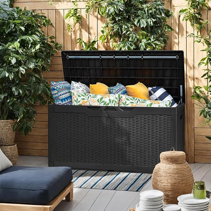 Flamaker Outdoor Storage Box 100 Gallon Waterproof Resin Deck Box Delivery Box with Air Rod Indoor Outdoor Lockable Storage Bench for Patio Cushions, Tools, Pool Accessories (Black)