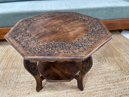 The Wooden Town Farmhouse Octagon Accent End Table, Rustic Side Table Nightstands for Living Room, Bedroom, Foldable Coffee Tables with Carving, Wood Tray Top, Handcrafted Finish, 24"x24"x18" - Burnt
