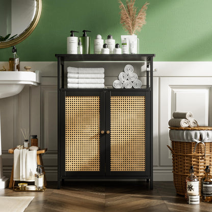 vovala Bamboo Floor Rattan Cabinet, Bathroom Storage Organizer Rack with 2 Doors and 1 Shelf, Space Saving Wood Kitchen Cupboard, Hallway Side Table, Living Room Freestanding Stand (Black)