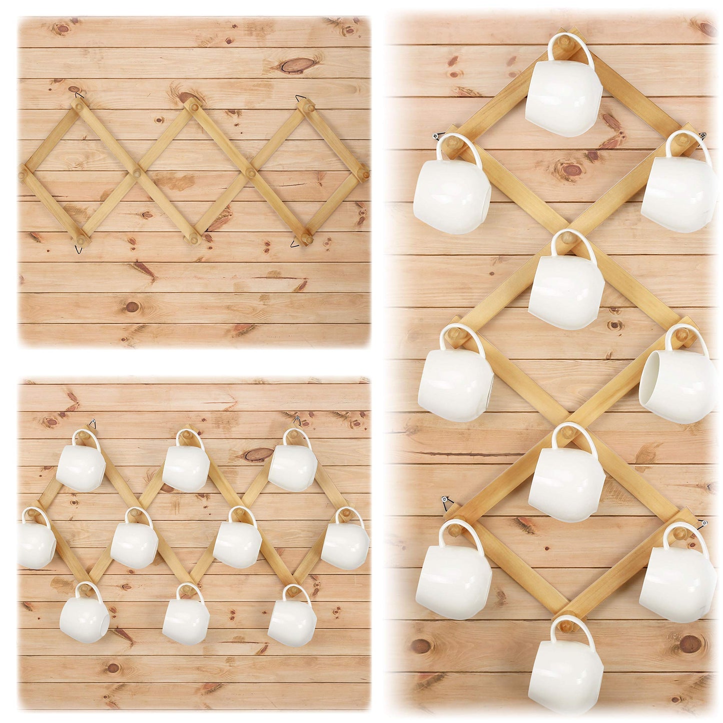 Dseap Accordian Wall Hanger: 16” High Wooden Wall Expandable Coat Rack, Hat Rack Holder, Accordion Hook for Baseball Caps, Coats, Mugs, 10 Peg Hooks, Natural
