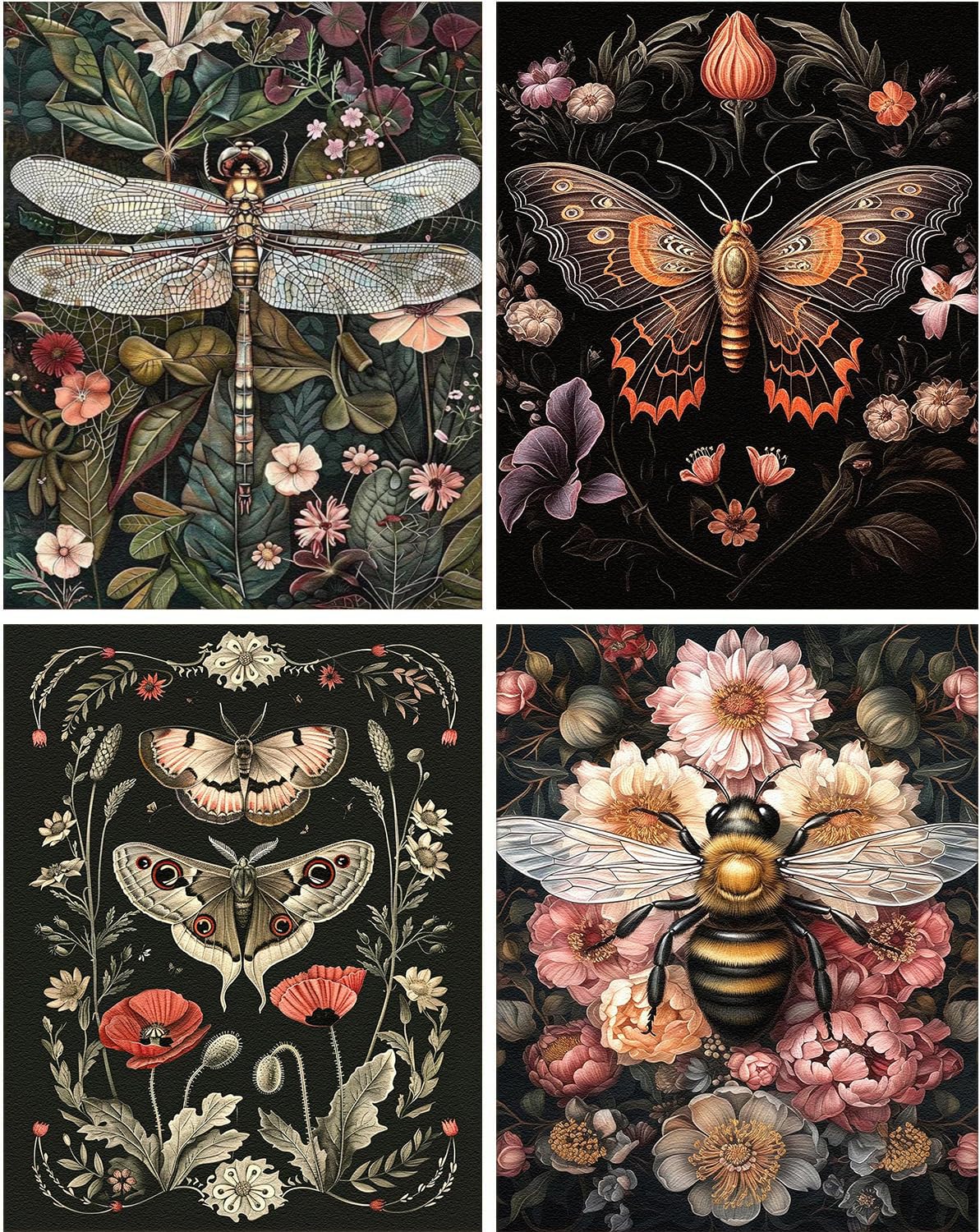 4 Pack Diamond Art Kits for Adults Beginners,Dragonflies, Butterflies, Moths, Bees Full Round Drill DIY Diamond Painting Kits,Paint by Diamonds Dot Gem Art Crystal Easy,Home Wall Decor 12x16Inch