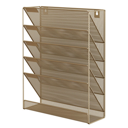 EasyPAG 5 Tier Wall File Holder, Mesh Hanging Folder Organizer with Classify Label, Versatile Desk File Holder, Vertical Wall Mounted Mail Organizer for Office Home Cubicle, Gold