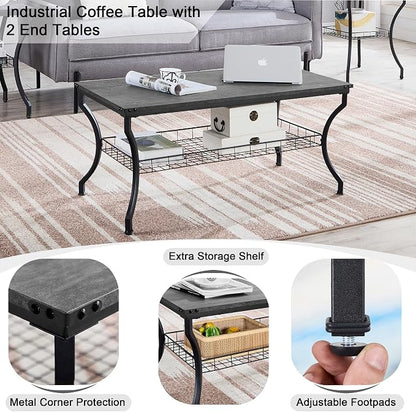 VECELO 3 Pieces Living Room Table Sets, Coffee and End Tables with Open Storage Shelves for Apartment, Home Office, Small Space, Easy Assembly, Dark Grey