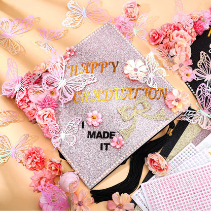 Graduation Cap Decorating Kit DIY Grad Cap Topper Crafts Glitter Cardstock Assorted Artificial Flowers Butterflies Rhinestones Alphabet Stickers Graduation Party Supplies (Pink)