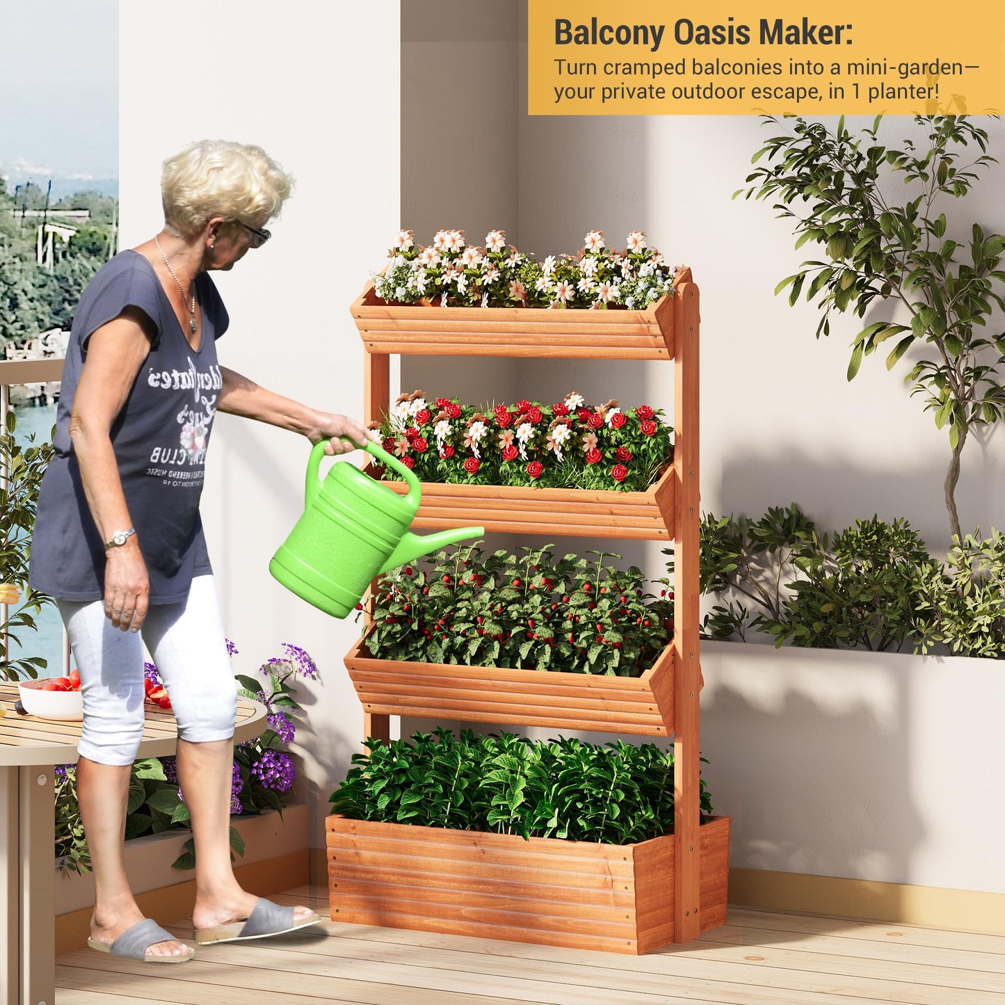 RHINEINMIST Vertical Wooden Raised Garden Bed Planters Wood Planter Kit Plant Stand Flower Rack Planter Box Gardening for Plants Herbs Flowers Vegetables Outdoor Indoor Freestanding (Orange 4-Tier)