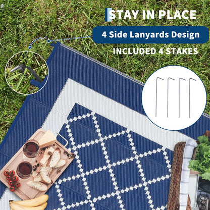 GAOMON Outdoor Rug 8x10 Patio Waterproof Reversible Plastic Straw Rug, Large UV-Resistant Portable RV Camping Mats with 4 Stakes & Carry Bag Boho Geometric Carpet for Outside Deck Porch Garden, Navy