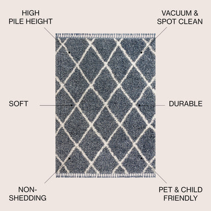 JONATHAN Y Mercer Shag Plush Tassel Denim Blue/Cream Indoor Area Rug, 3x5, Moroccan Geometric Trellis, Transitional, Easy-Cleaning for Living Room, Bedroom, Kitchen, Non-Shedding (MCR104A-3)