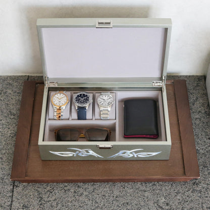 MADDesign Mother of Pearl Watch Box Jewelry Organizer Daily Storage Handmade Tribal Dragon Design (Metallic Silver)