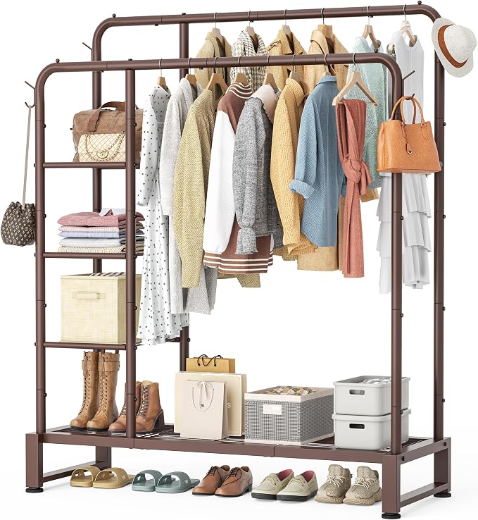 Double Rods Clothes Rack Clothing Rack with 4 Tier Storage Shelves Clothes Rack for Hanging Clothes Multifunctional Heavy Duty Clothes Organizer with Hooks for Bedroom,Wardrobe Closet,Shop,Brown