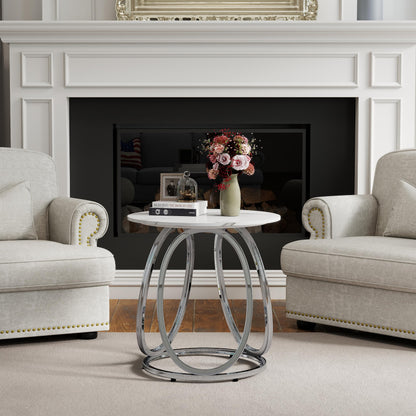 O&K FURNITURE Silver End Table, Round Side Table with Faux Marble Veins, Modern Nightstand for Bedroom, Living Room, Home Office, 1PC