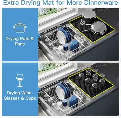 JASIWAY White Dish Drying Rack in Sink with Mat, Expandable Stainless Steel Dish Drainers for Kitchen Counter, Space Saving Dish Dryer for Inside Sink, Over Sink Dish Racks with Utensil Holder