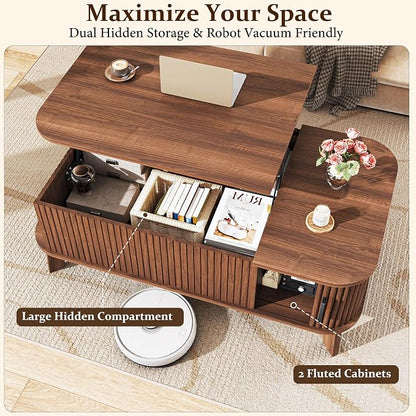 HUAHUU 37.4" Lift Top Coffee Table with Storage, Mid Century Modern Coffee Table with Sliding Fluted Doors for Living Room, Home Office, Walnut