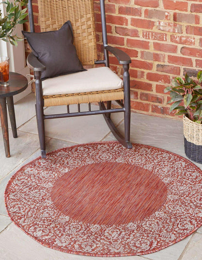 Unique Loom Outdoor Border Collection Area Rug - Floral Border (10' 8" Round Rust Red/Ivory)